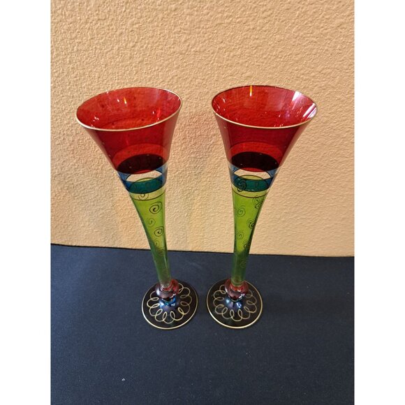 Set of 2 Pier One 10.75” Hollow Stem Glass Champagne Flutes Hand Painted/Blown - Picture 2 of 5